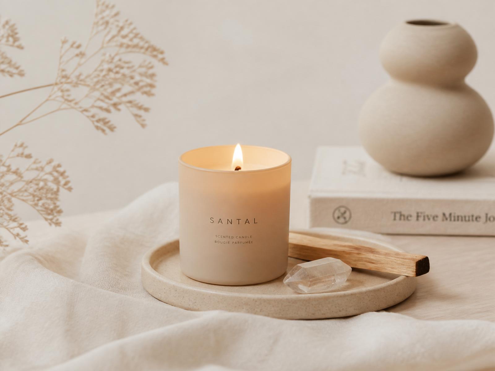Vela encendida con cristal y palo santo sobre lino natural